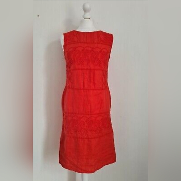 Monsoon Dresses & Skirts - Monsoon red linen pencil dress size 8 sleeveless embroidered 100% linen